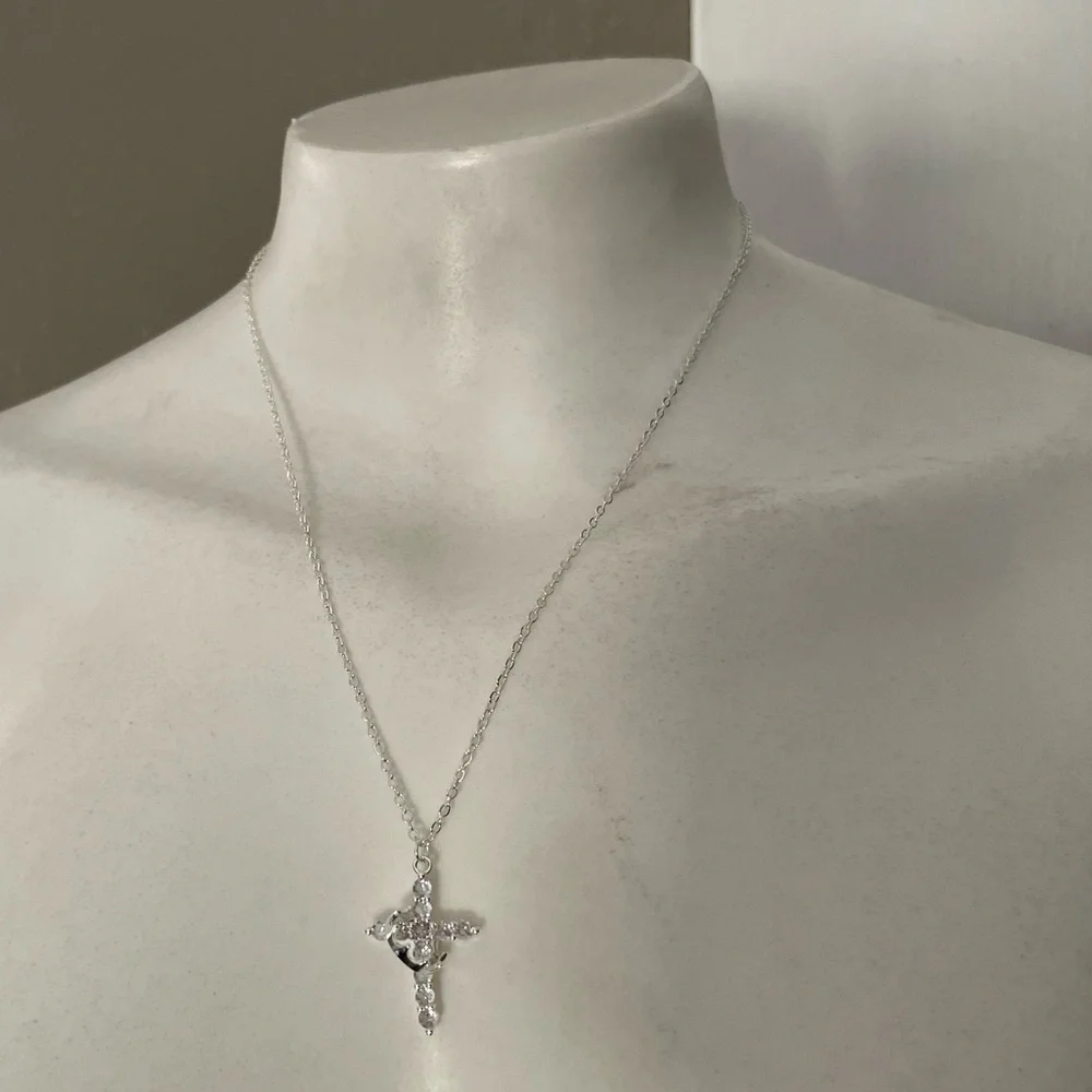 Silver Zircon Cross Pendant Necklace w/ Rotatable Crown 18” Chain Gifts For Her